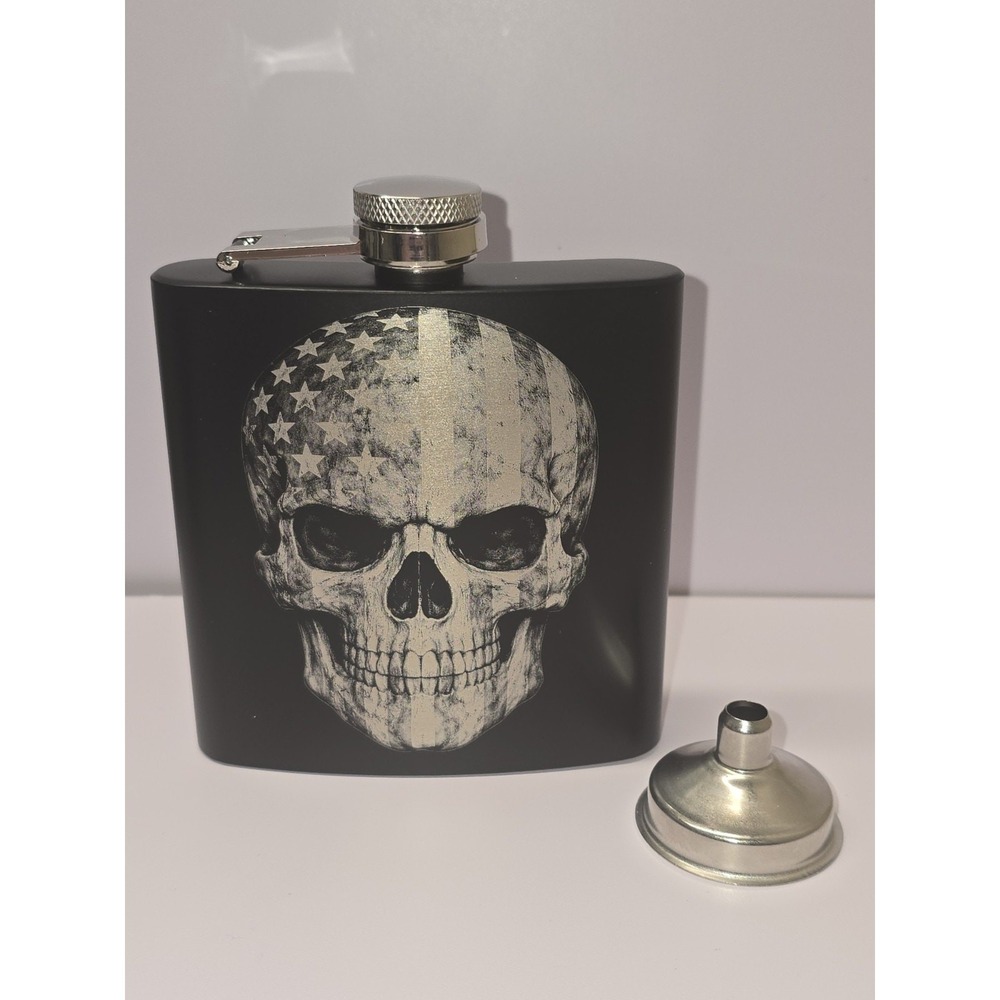Skull American Flag Hip Flask Engraved 6oz Black Stainless Steel Bar Tool Funnel
